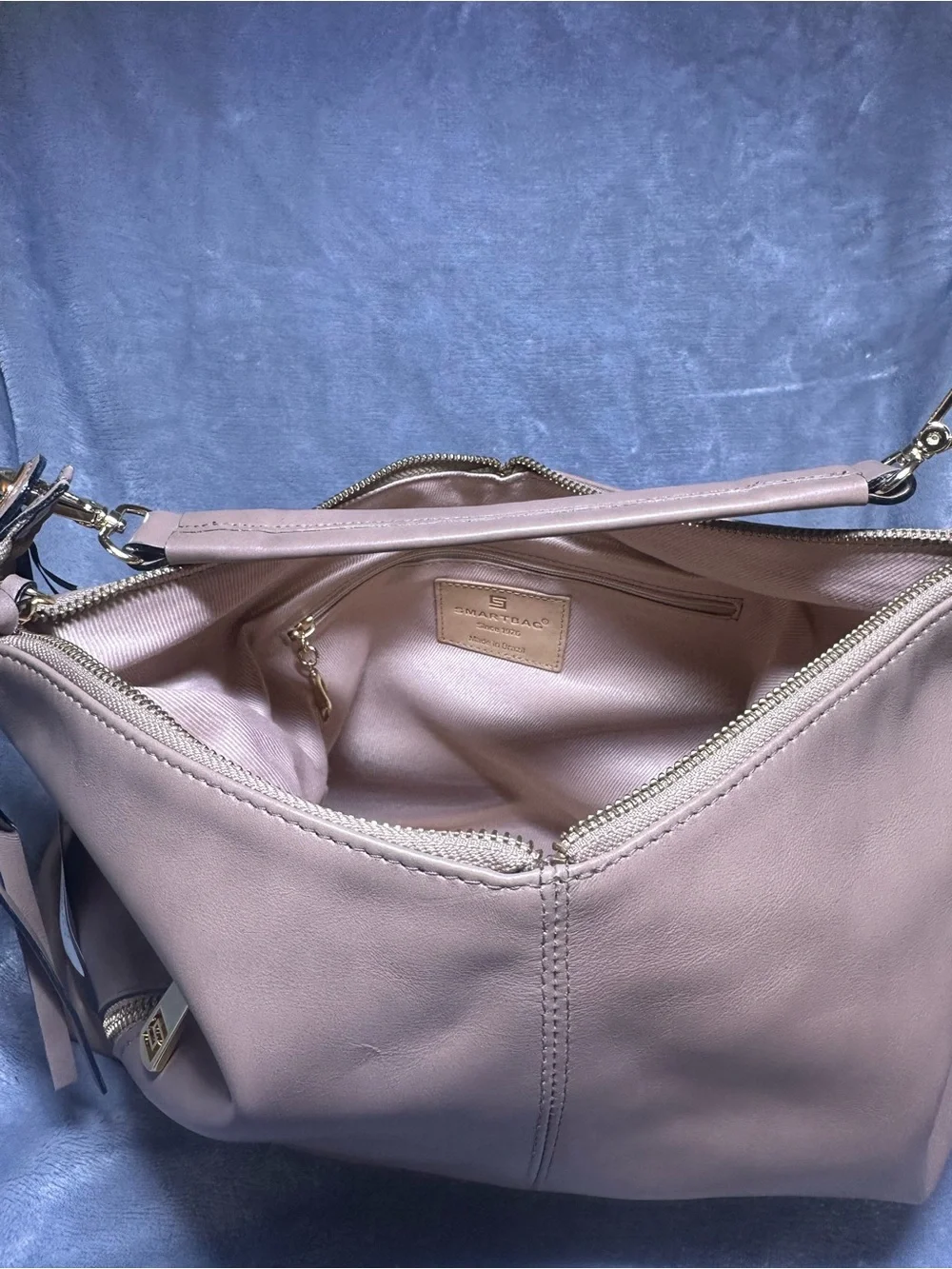 Beige Leather Shoulder Bag with Tassel Zips